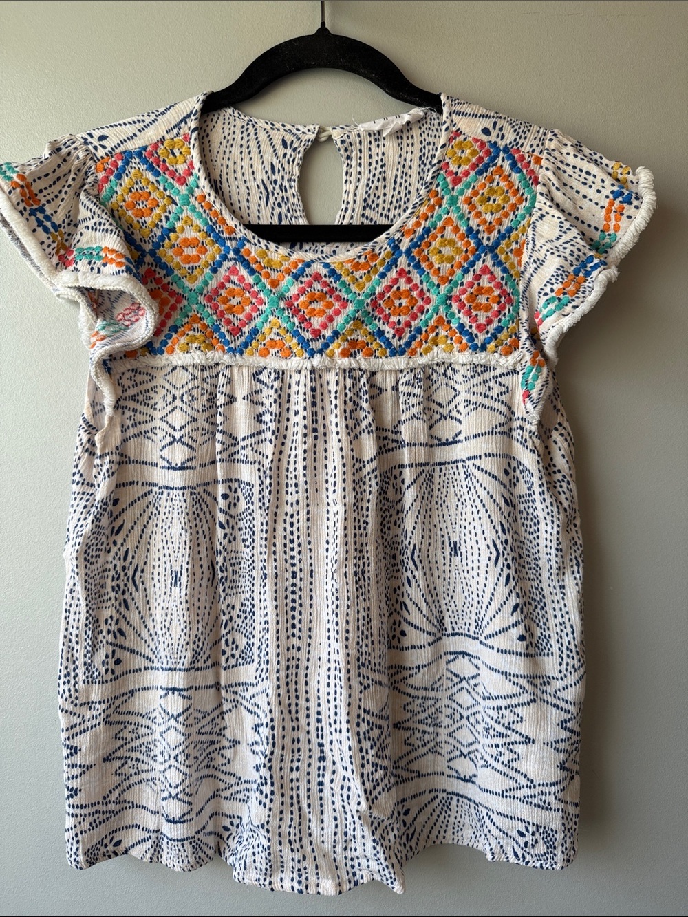 THML Ivory & Blue top with Multicolor Embroidered Yoke flutter sleeve M